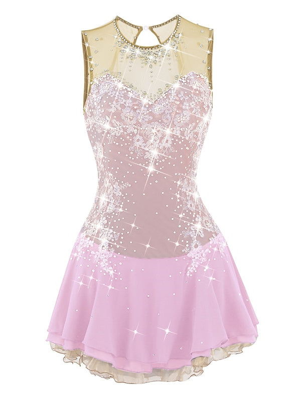 Robe de Patinage Artistique pour Femmes et Filles, Robe de Patinage Sur Glace, Dos Ouvert, Élasthanne, Maille Fleurie, Strass, Sans Manches, Vêtements de Danse Sur Glace