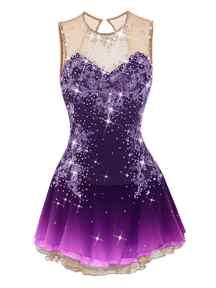 Robe de Patinage Artistique pour Femmes et Filles, Robe de Patinage Sur Glace, Dos Ouvert, Élasthanne, Maille Fleurie, Strass, Sans Manches, Vêtements de Danse Sur Glace