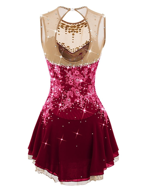 Robe de Patinage Artistique pour Femmes et Filles, Robe de Patinage Sur Glace, Dos Ouvert, Élasthanne, Maille Fleurie, Strass, Sans Manches, Vêtements de Danse Sur Glace