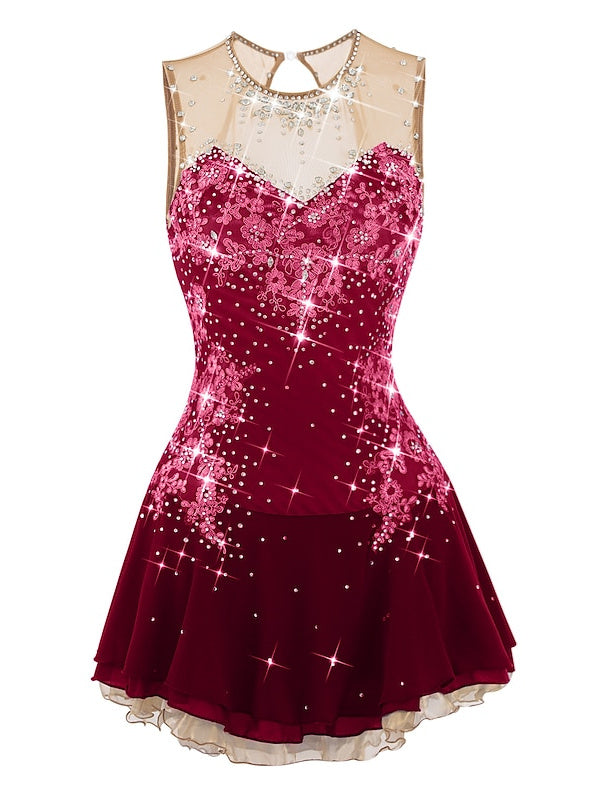 Robe de Patinage Artistique pour Femmes et Filles, Robe de Patinage Sur Glace, Dos Ouvert, Élasthanne, Maille Fleurie, Strass, Sans Manches, Vêtements de Danse Sur Glace