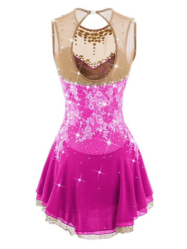 Robe de Patinage Artistique pour Femmes et Filles, Robe de Patinage Sur Glace, Dos Ouvert, Élasthanne, Maille Fleurie, Strass, Sans Manches, Vêtements de Danse Sur Glace