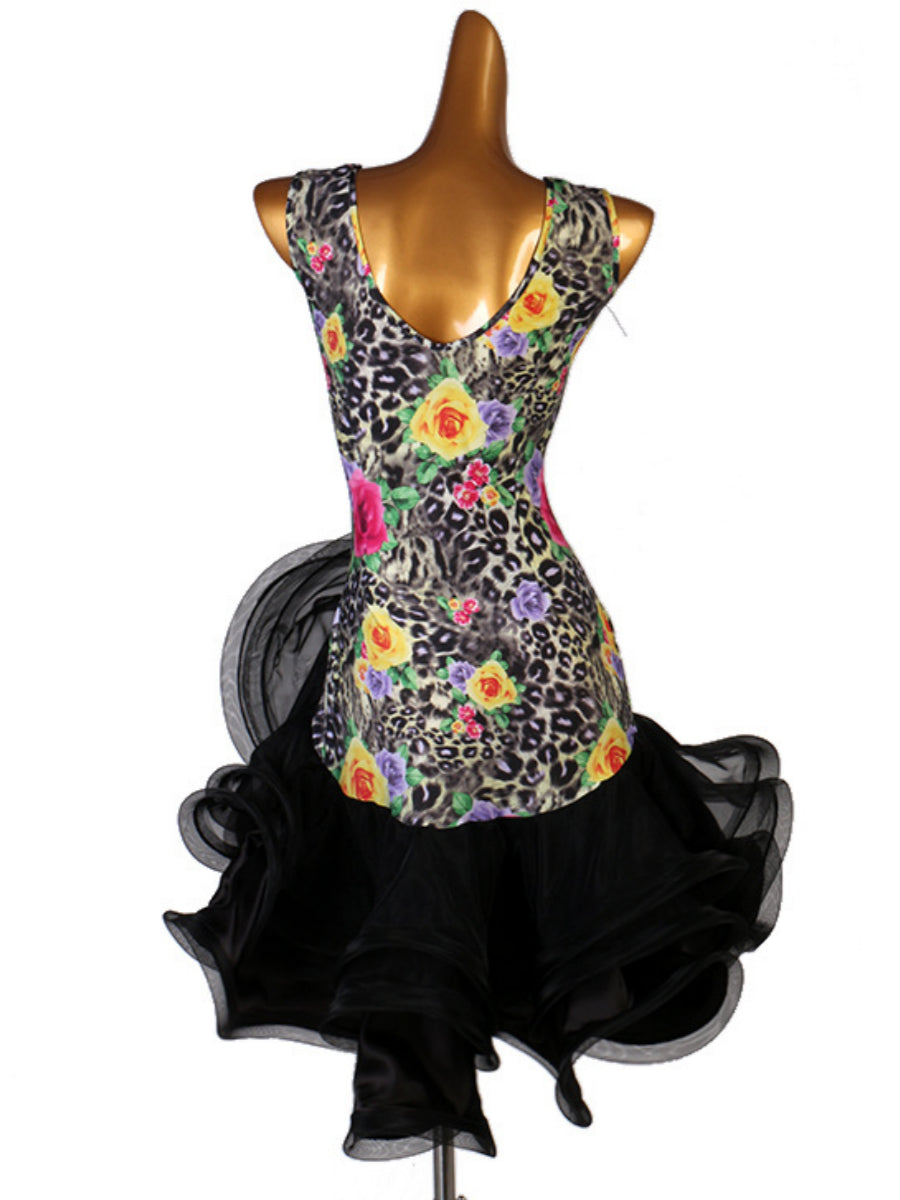 Robe de Danse Latine Salsa à Volants en Cascade avec Fente pour Femme Sans Manches