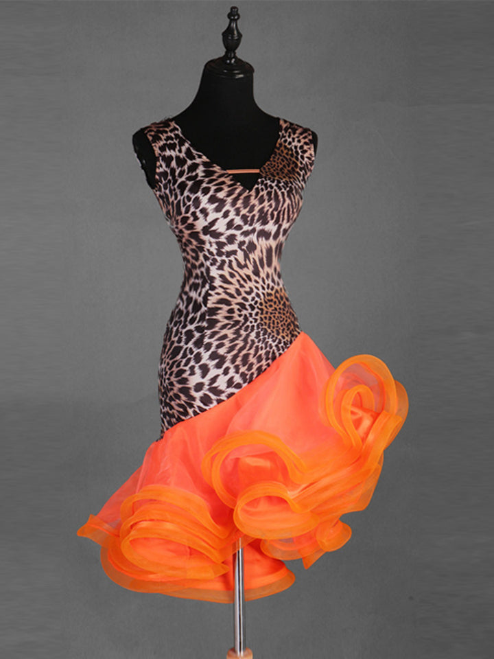Robe de Danse Latine Salsa à Volants en Cascade avec Fente pour Femme Sans Manches