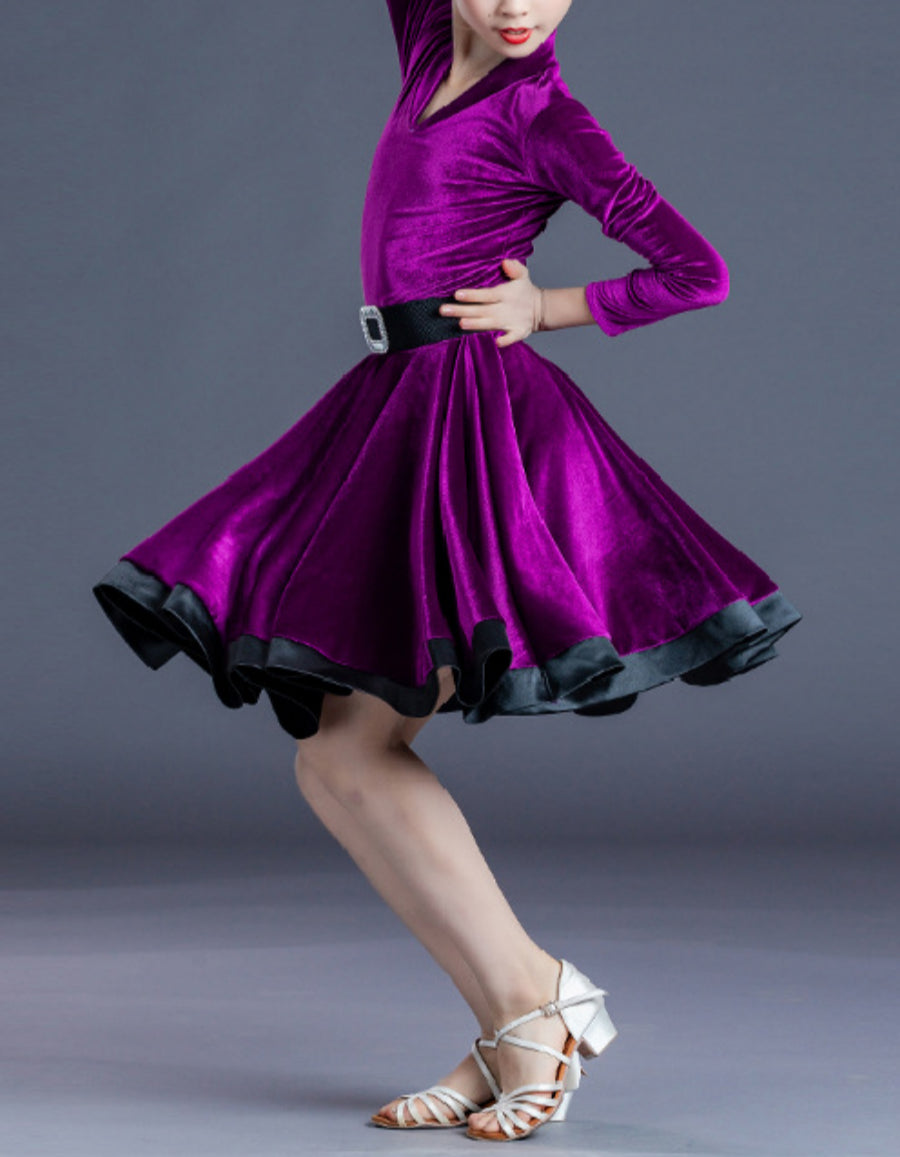 Robe de Danse Latine pour Enfants, Couleur Unie, Manches Longues, Col en V, Performance pour Filles, Polyester