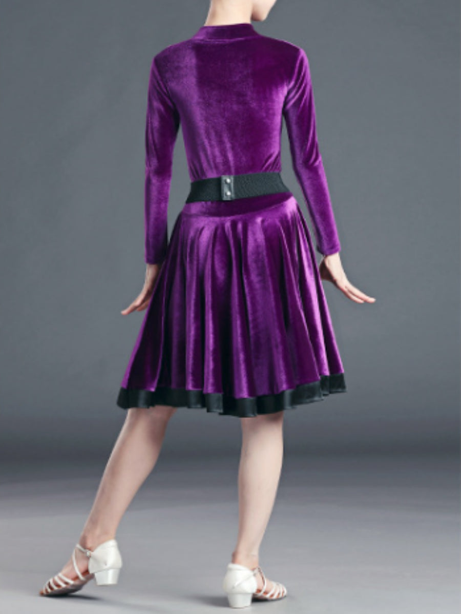 Robe de Danse Latine pour Enfants, Couleur Unie, Manches Longues, Col en V, Performance pour Filles, Polyester