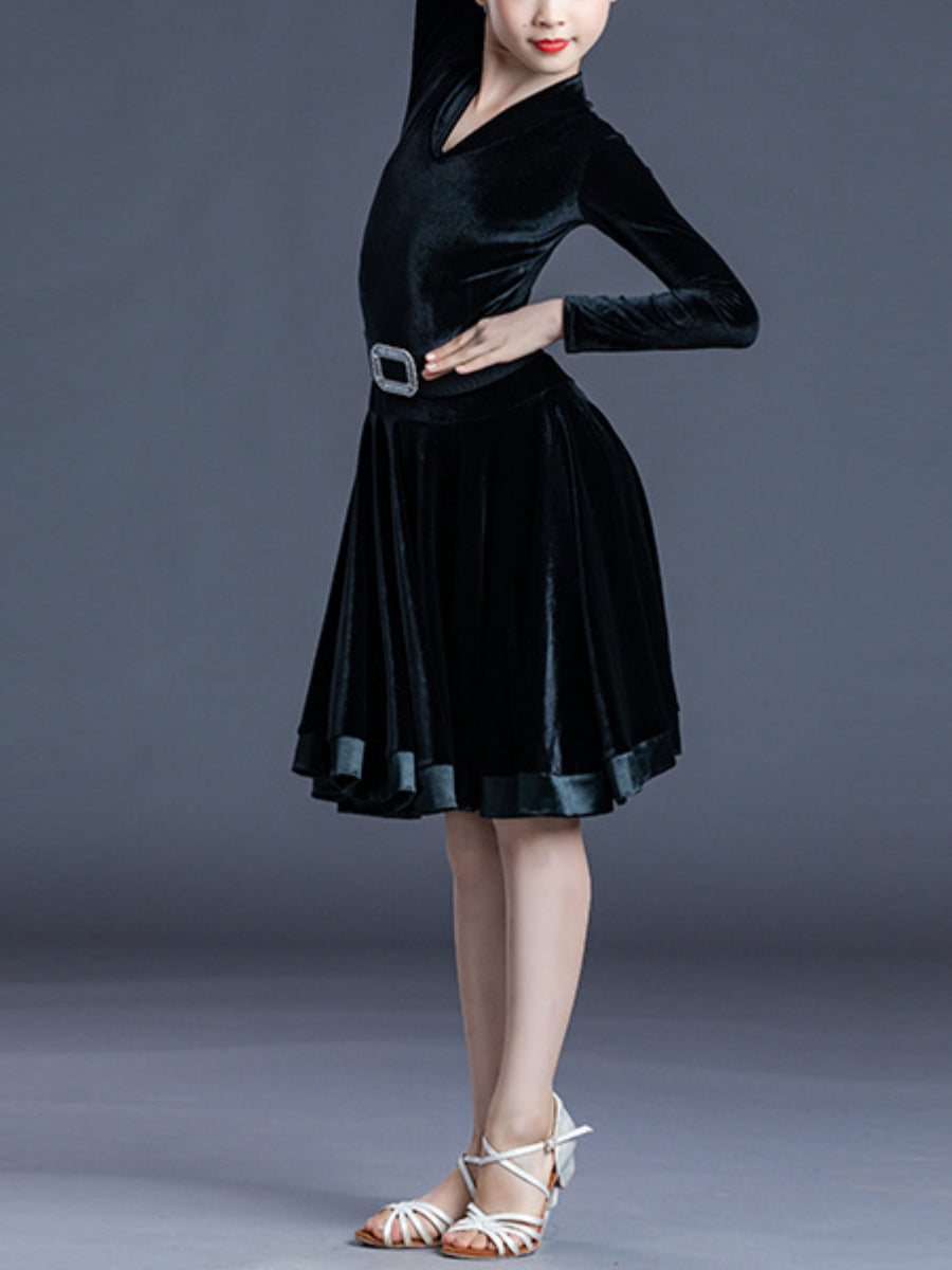 Robe de Danse Latine pour Enfants, Couleur Unie, Manches Longues, Col en V, Performance pour Filles, Polyester