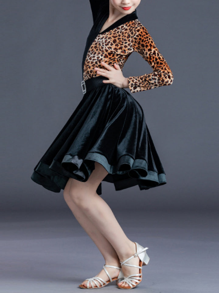 Robe de Danse Latine pour Enfants, Couleur Unie, Manches Longues, Col en V, Performance pour Filles, Polyester