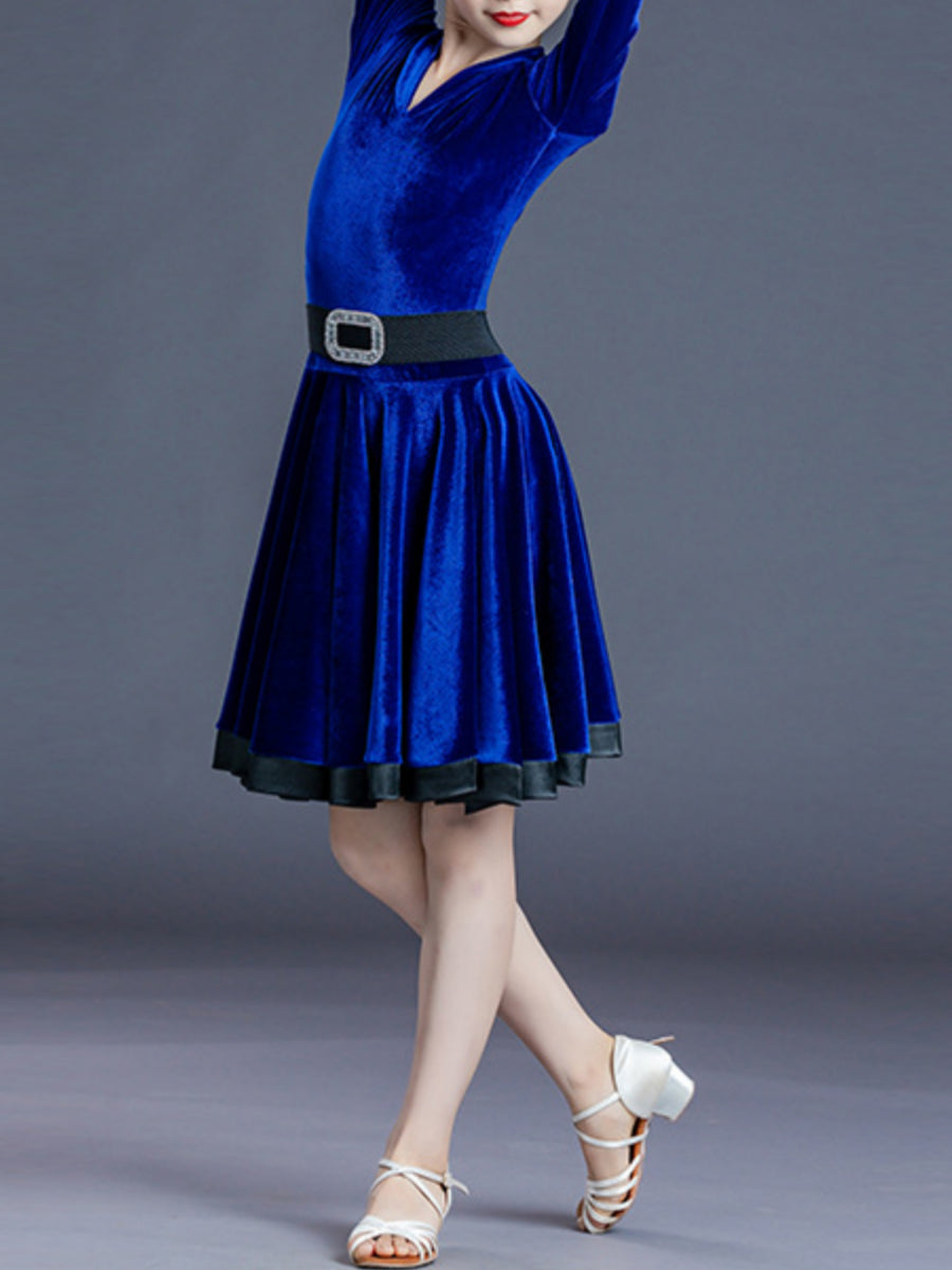 Robe de Danse Latine pour Enfants, Couleur Unie, Manches Longues, Col en V, Performance pour Filles, Polyester