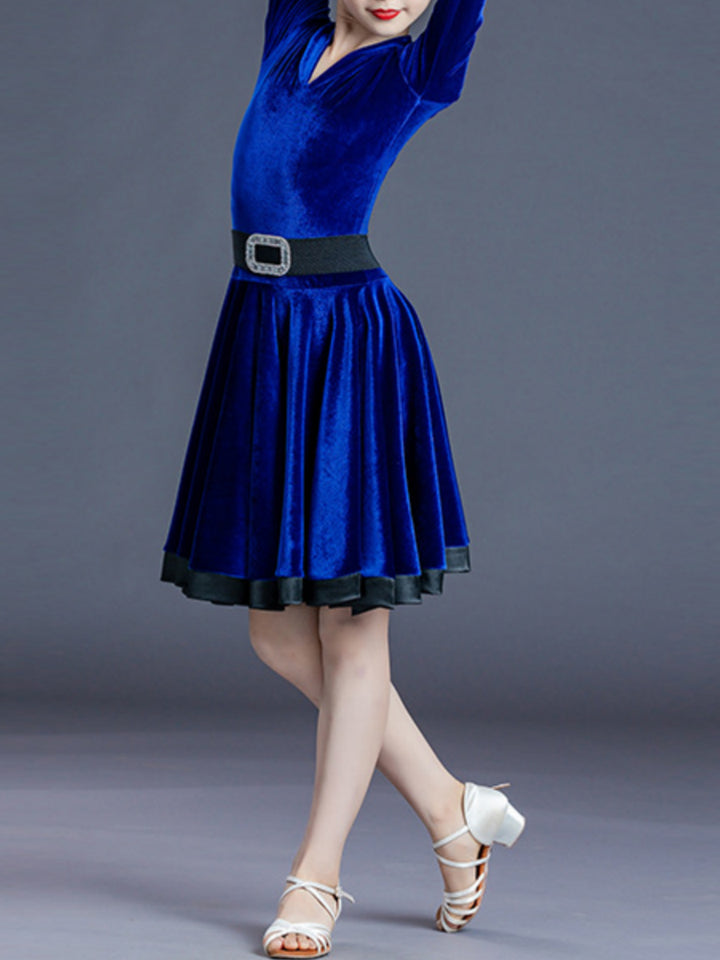 Robe de Danse Latine pour Enfants, Couleur Unie, Manches Longues, Col en V, Performance pour Filles, Polyester