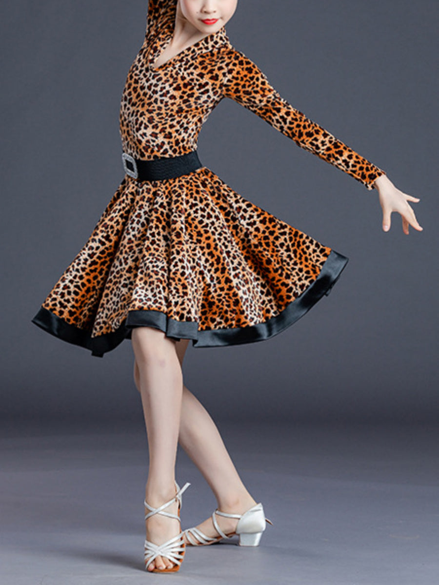 Robe de Danse Latine pour Enfants, Couleur Unie, Manches Longues, Col en V, Performance pour Filles, Polyester