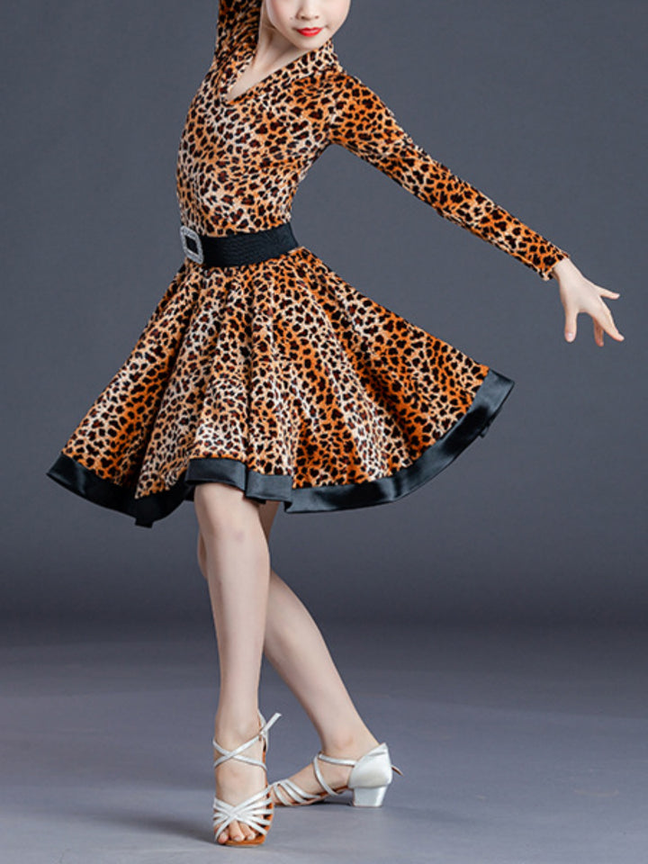 Robe de Danse Latine pour Enfants, Couleur Unie, Manches Longues, Col en V, Performance pour Filles, Polyester