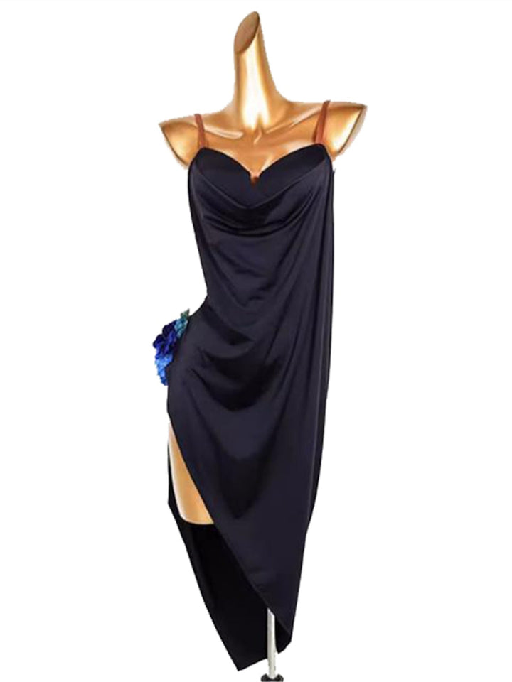 Robe de Danse Latine Ajourée Couleur Pure Épissage Performance Femme Sans Manches Élasthanne Soie Glacée