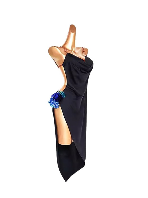 Robe de Danse Latine Ajourée Couleur Pure Épissage Performance Femme Sans Manches Élasthanne Soie Glacée
