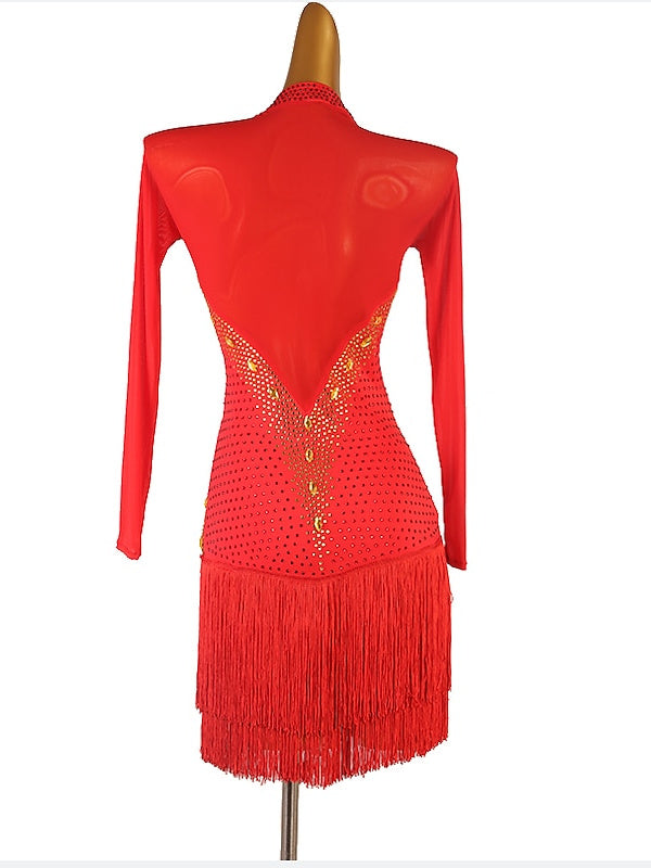 Robe de Danse Latine à Manches Longues avec Pampilles et Cristaux/Strass pour Femme, Tenue de Performance en Maille Chinlon
