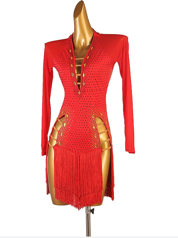 Robe de Danse Latine à Manches Longues avec Pampilles et Cristaux/Strass pour Femme, Tenue de Performance en Maille Chinlon