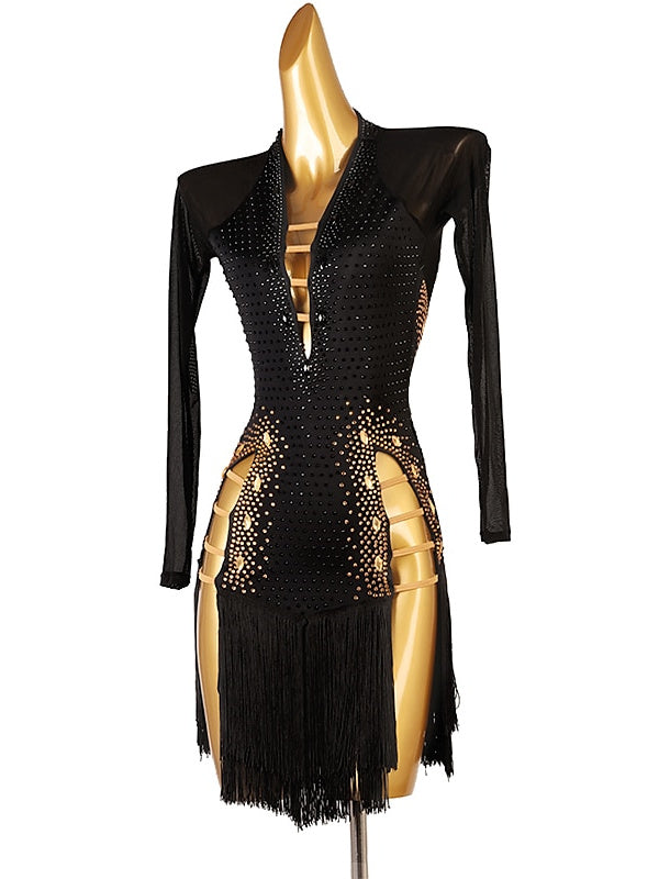 Robe de Danse Latine à Manches Longues avec Pampilles et Cristaux/Strass pour Femme, Tenue de Performance en Maille Chinlon
