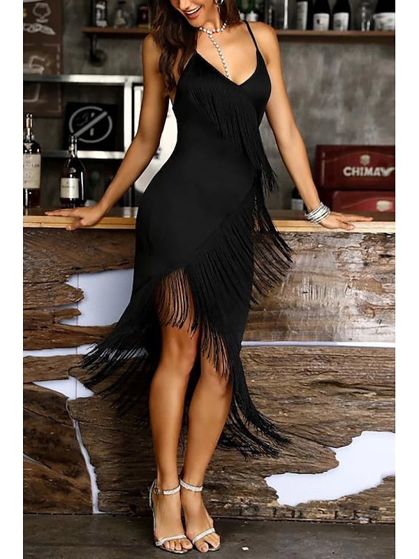 Robe de Danse Latine à Pompons de Couleur Pure pour Femme, Vêtements de Danse de Performance Sans Manches en Polyester