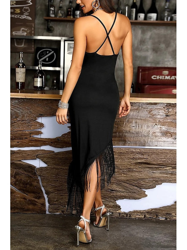 Robe de Danse Latine à Pompons de Couleur Pure pour Femme, Vêtements de Danse de Performance Sans Manches en Polyester