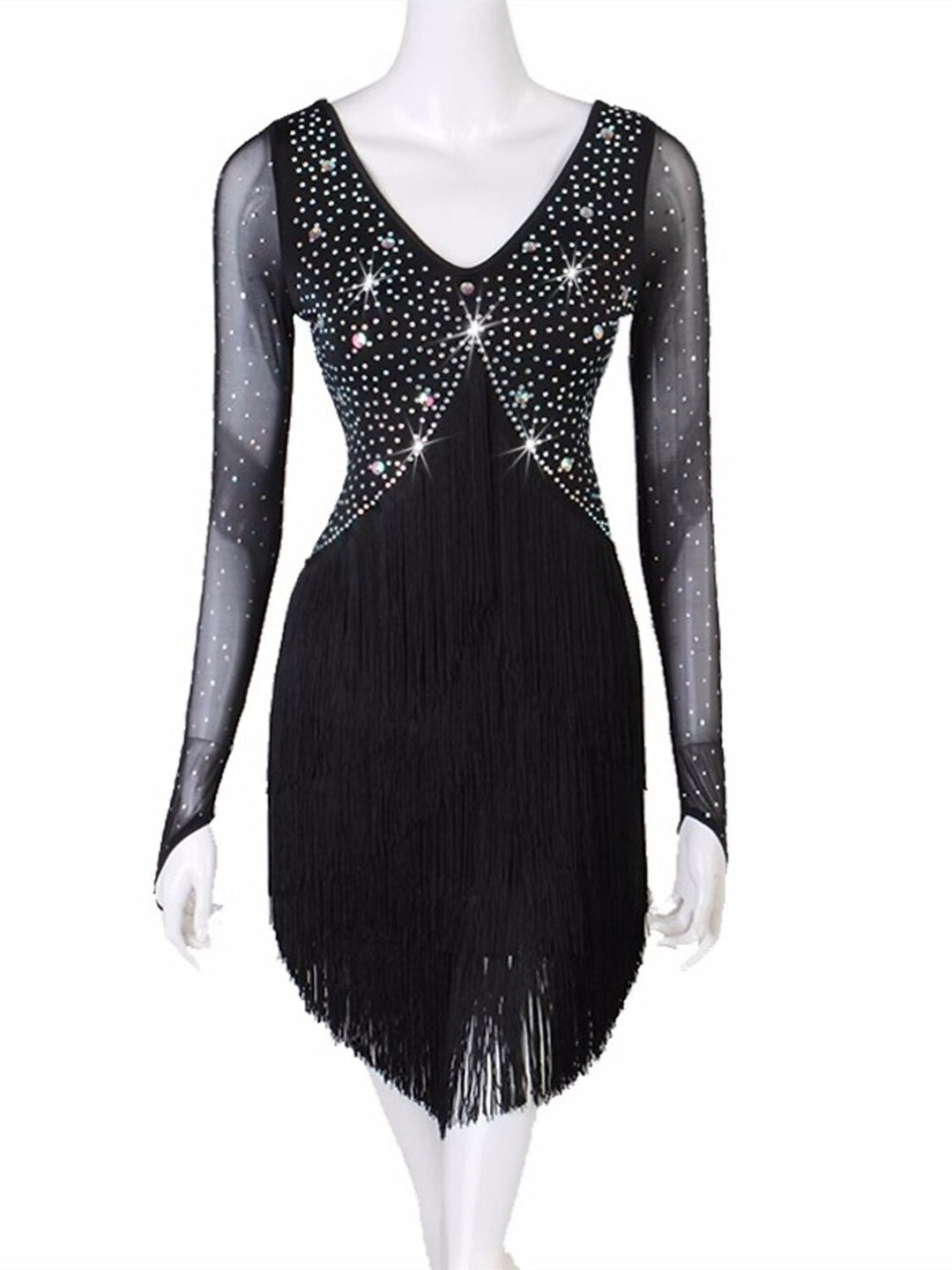 Robe de Danse Latine à Pompons, Cristaux/Strass de Couleur Pure, pour Femme, Performance, Soirée, Manches Longues, Maille, Élasthanne