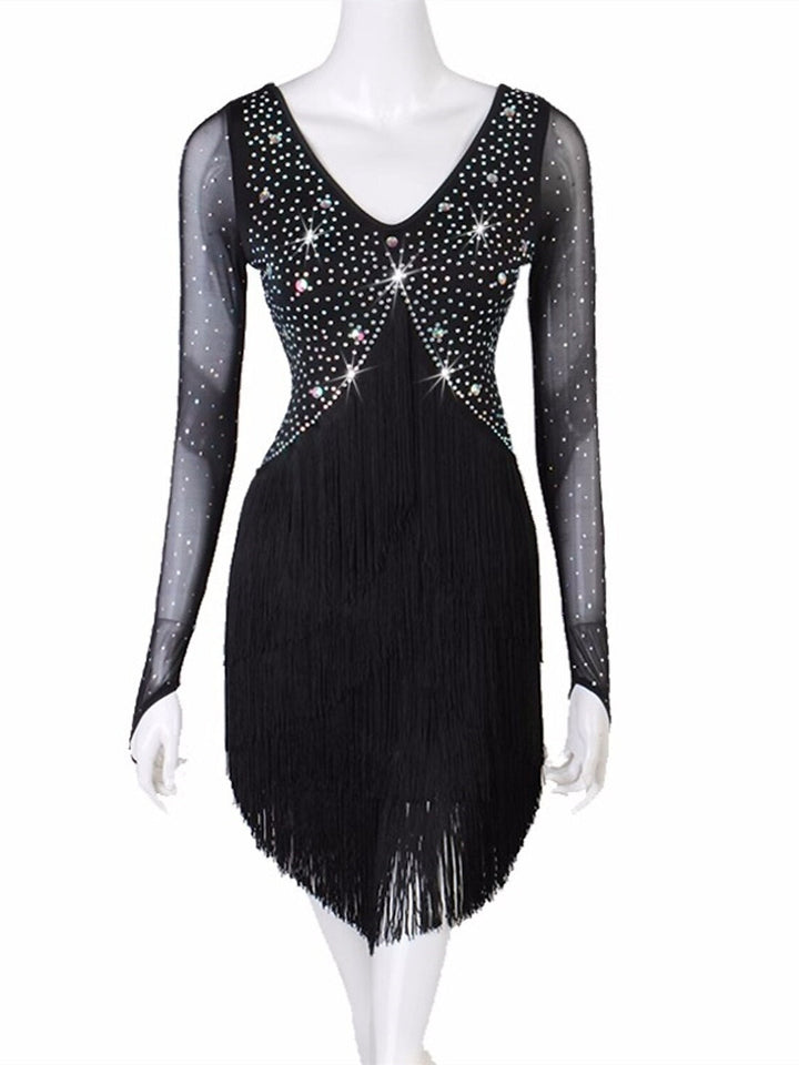 Robe de Danse Latine à Pompons, Cristaux/Strass de Couleur Pure, pour Femme, Performance, Soirée, Manches Longues, Maille, Élasthanne