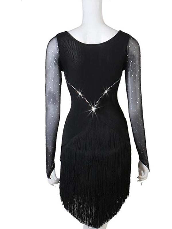 Robe de Danse Latine à Pompons, Cristaux/Strass de Couleur Pure, pour Femme, Performance, Soirée, Manches Longues, Maille, Élasthanne