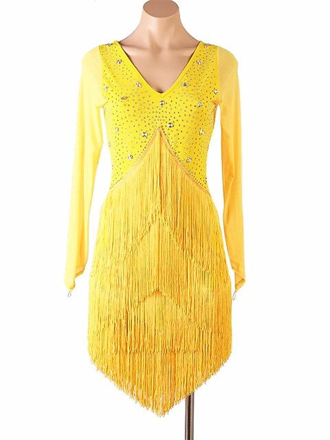 Robe de Danse Latine à Pompons, Cristaux/Strass de Couleur Pure, pour Femme, Performance, Soirée, Manches Longues, Maille, Élasthanne