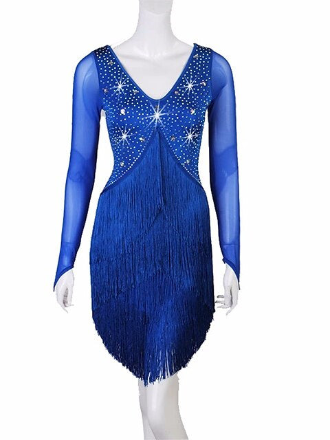 Robe de Danse Latine à Pompons, Cristaux/Strass de Couleur Pure, pour Femme, Performance, Soirée, Manches Longues, Maille, Élasthanne