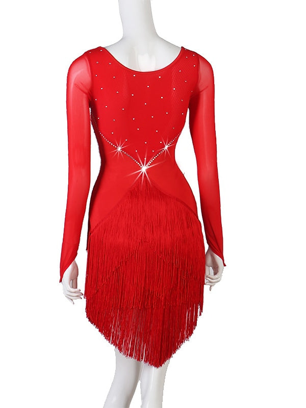Robe de Danse Latine à Pompons, Cristaux/Strass de Couleur Pure, pour Femme, Performance, Soirée, Manches Longues, Maille, Élasthanne