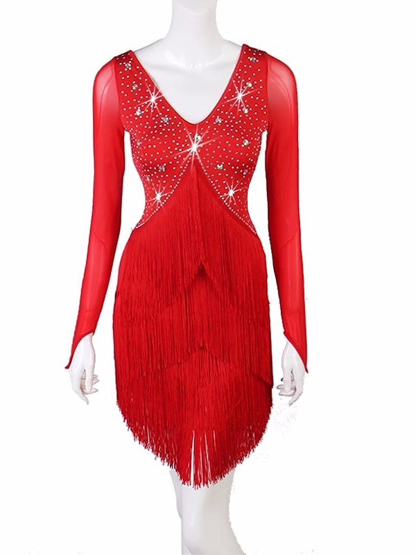 Robe de Danse Latine à Pompons, Cristaux/Strass de Couleur Pure, pour Femme, Performance, Soirée, Manches Longues, Maille, Élasthanne