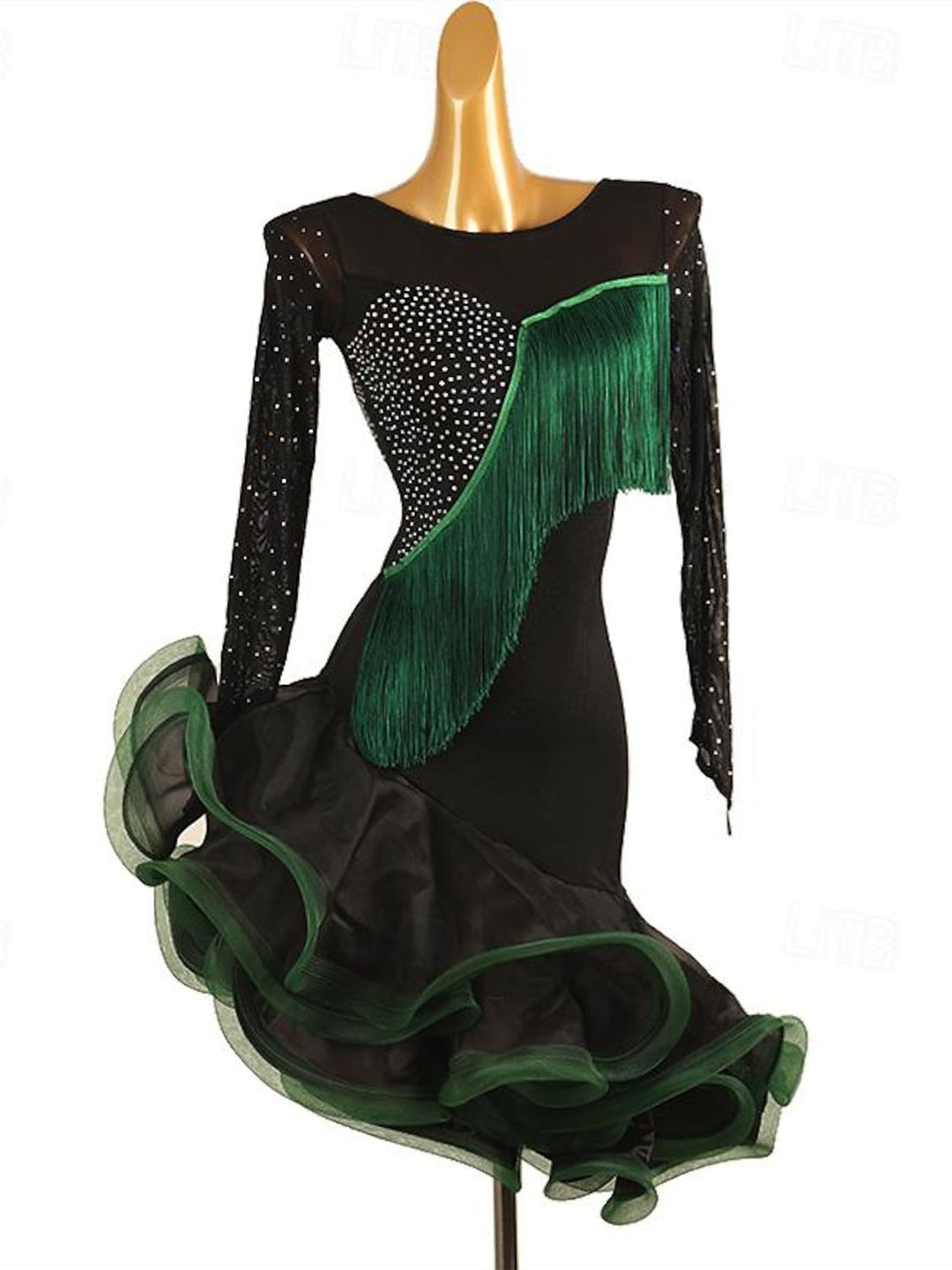 Robe de Danse Latine à Pampilles et Strass pour Femme, Tenue de Performance à Manches Longues en Élasthanne et Organza