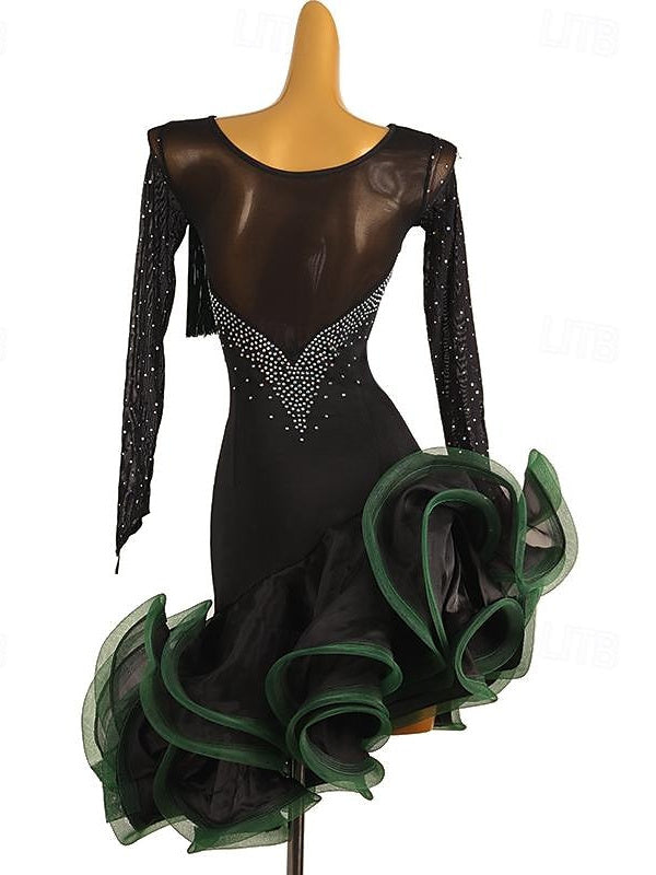 Robe de Danse Latine à Pampilles et Strass pour Femme, Tenue de Performance à Manches Longues en Élasthanne et Organza