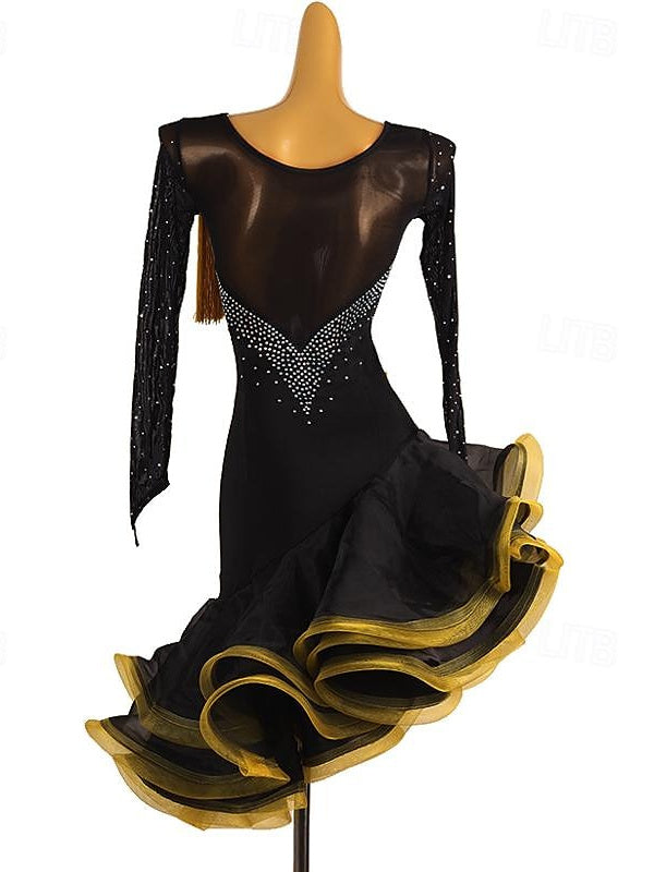 Robe de Danse Latine à Pampilles et Strass pour Femme, Tenue de Performance à Manches Longues en Élasthanne et Organza