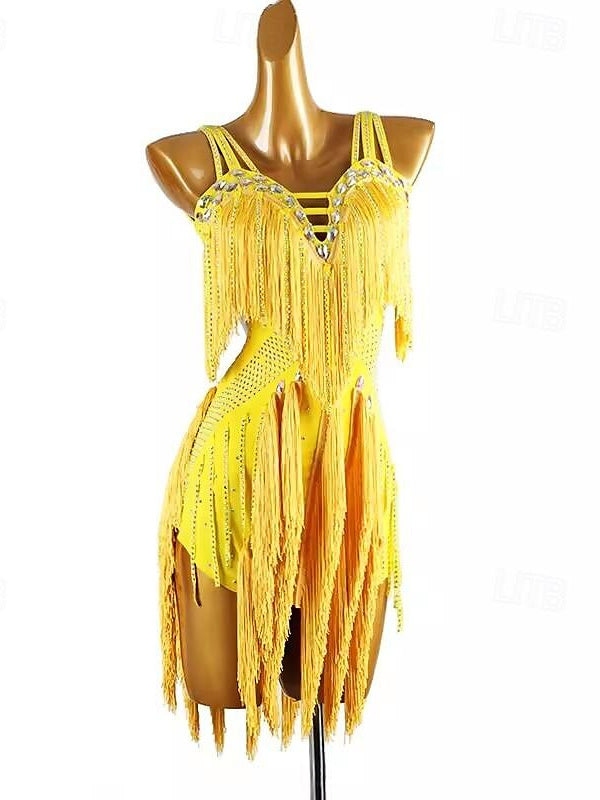 Danse Latine Danse Pompon Couleur Pure Épissage Femme Performance Sans Manches Chinlon Spandex