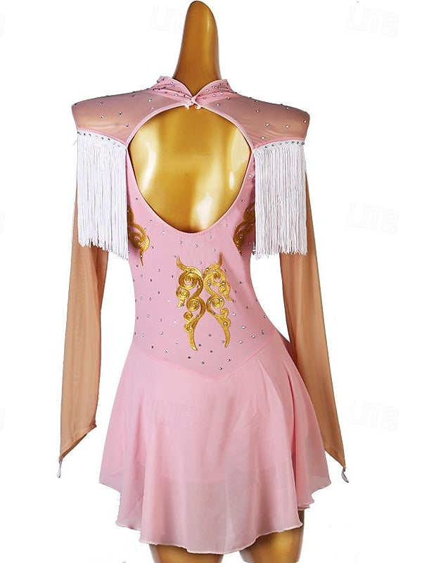 Robe De Danse Latine À Manches Longues Et Strass Pour Femme, Tenue De Performance, En Tulle Et Élasthanne