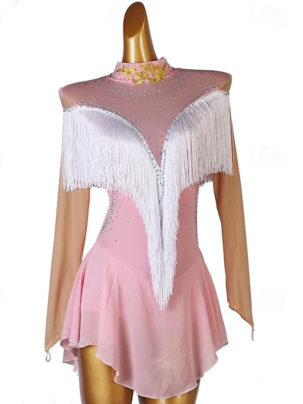 Robe De Danse Latine À Manches Longues Et Strass Pour Femme, Tenue De Performance, En Tulle Et Élasthanne