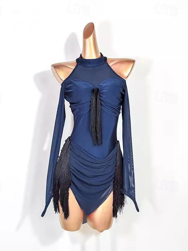 Robe de Danse Latine à Manches Longues pour Femme, Épissure de Pompons, Entraînement de Performance, Maille en Polyester et Élasthanne