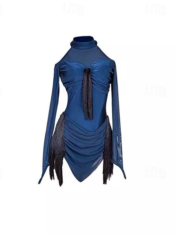Robe de Danse Latine à Manches Longues pour Femme, Épissure de Pompons, Entraînement de Performance, Maille en Polyester et Élasthanne