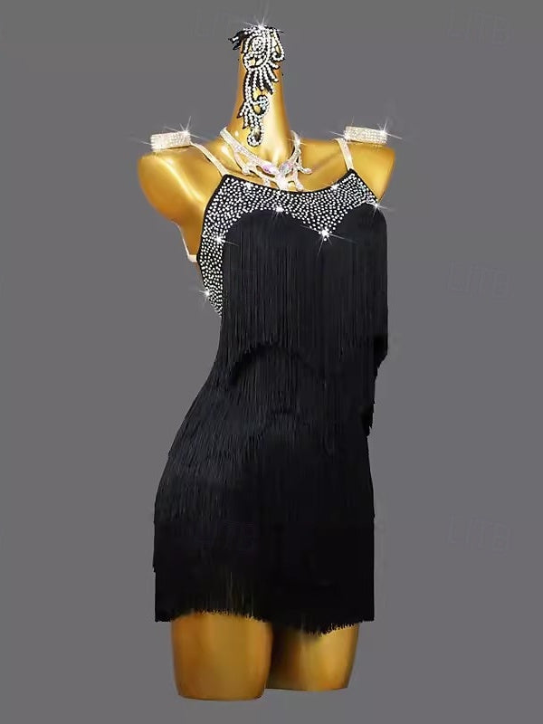 Robe de Danse Latine avec Pompons en Cristal/Strass pour Femme, Tenue D'Entraînement Sans Manches en Élasthanne