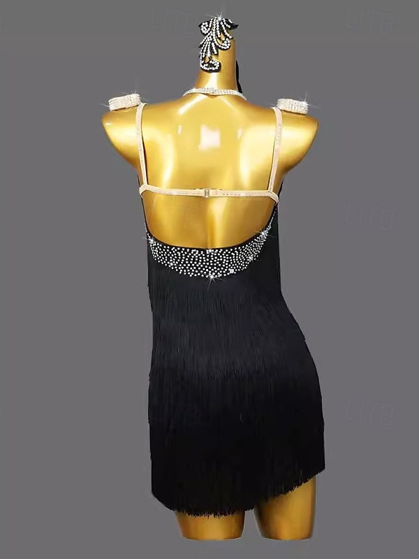 Robe de Danse Latine avec Pompons en Cristal/Strass pour Femme, Tenue D'Entraînement Sans Manches en Élasthanne