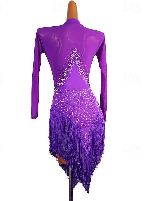 Robe de Danse Latine à Manches Longues en Élasthanne avec Cristaux/Strass pour Femme
