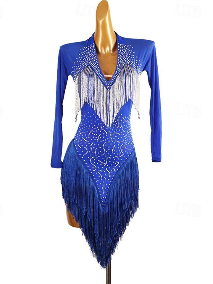 Robe de Danse Latine à Manches Longues en Élasthanne avec Cristaux/Strass pour Femme