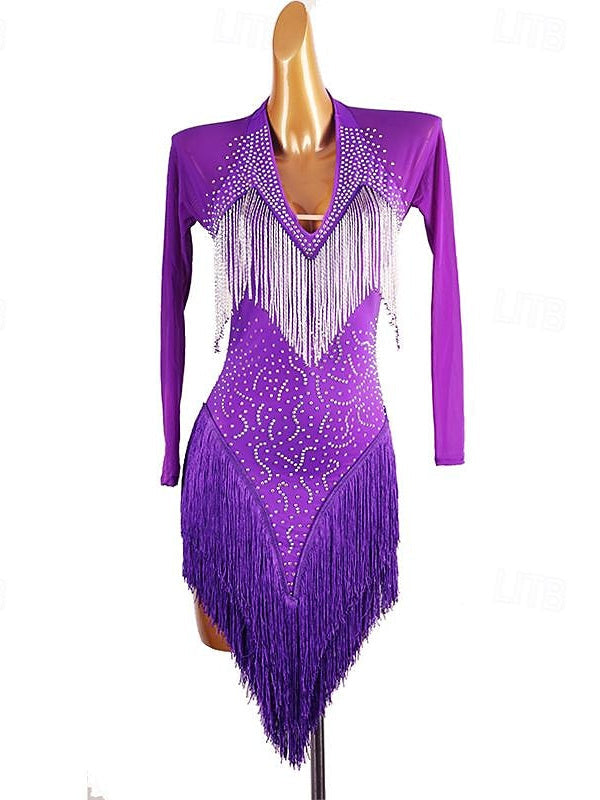 Robe de Danse Latine à Manches Longues en Élasthanne avec Cristaux/Strass pour Femme