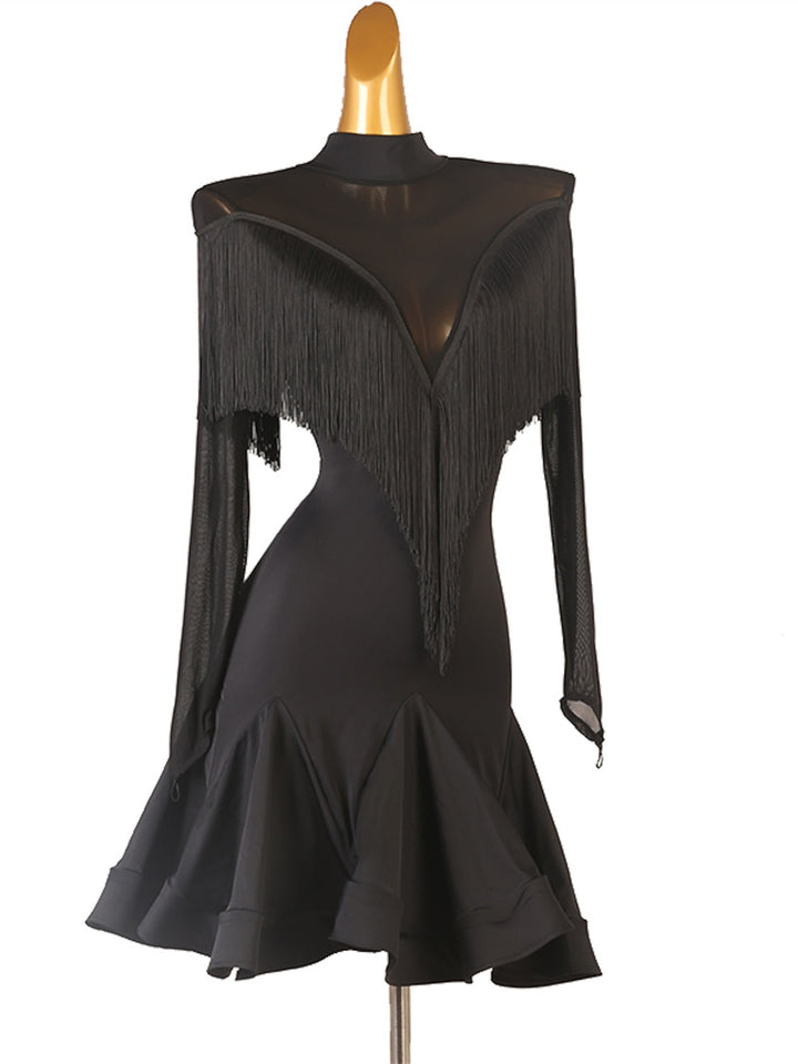 Robe De Danse Latine À Franges Et Pompons Pour Femme, Tenue D'Entraînement, Manches Longues, Maille Chinlon