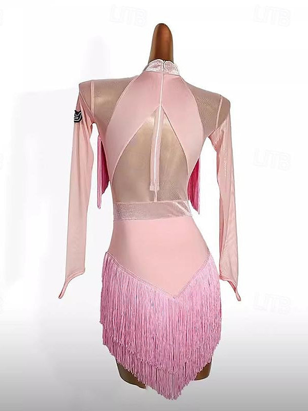 Robe de Danse Latine à Pompons, Couleur Pure, Épissure, Entraînement de Performance pour Femmes, Manches Longues, Maille, Velours, Fibre de Lait
