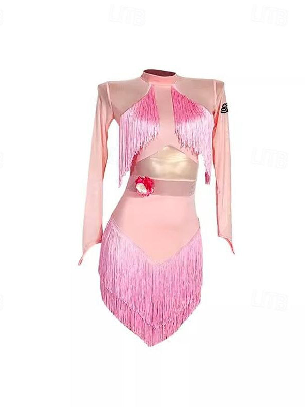 Robe de Danse Latine à Pompons, Couleur Pure, Épissure, Entraînement de Performance pour Femmes, Manches Longues, Maille, Velours, Fibre de Lait