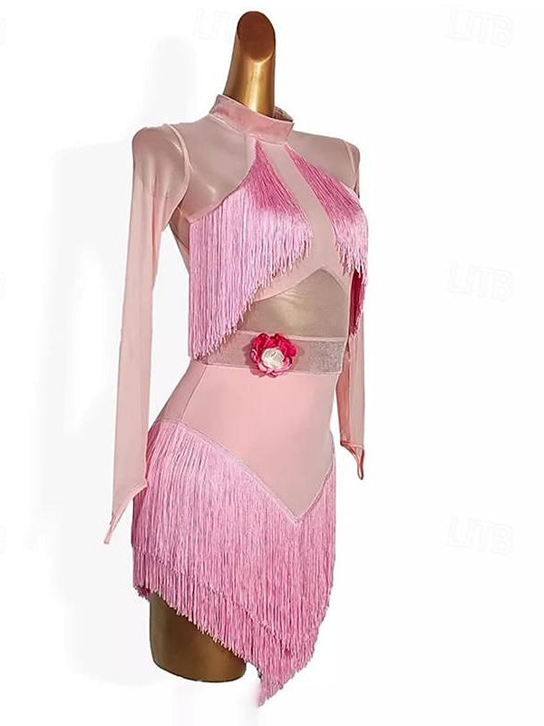 Robe de Danse Latine à Pompons, Couleur Pure, Épissure, Entraînement de Performance pour Femmes, Manches Longues, Maille, Velours, Fibre de Lait