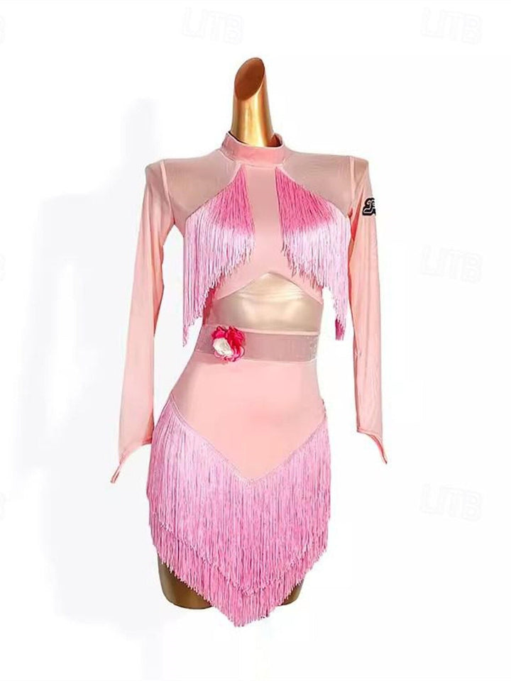 Robe de Danse Latine à Pompons, Couleur Pure, Épissure, Entraînement de Performance pour Femmes, Manches Longues, Maille, Velours, Fibre de Lait