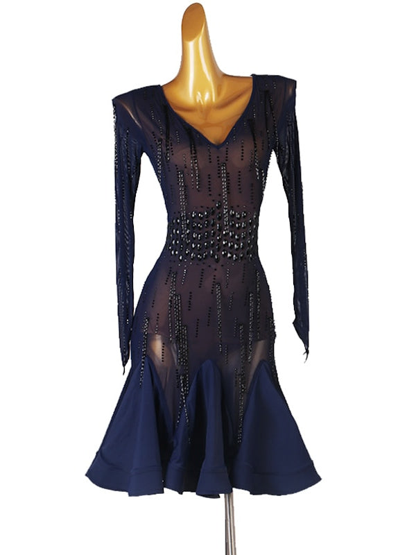 Robe de Danse Latine à Paillettes et Cristaux pour Femmes, Manches Longues, Maille Chinlon