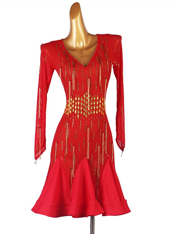 Robe de Danse Latine à Paillettes et Cristaux pour Femmes, Manches Longues, Maille Chinlon