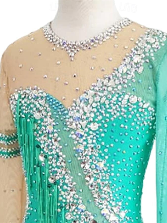 Robe de Danse Latine à Pampilles et Cristaux/Strass pour Femmes et Filles, Tenue D'Entraînement de Performance à Manches Longues en Fil Extensible Lycra
